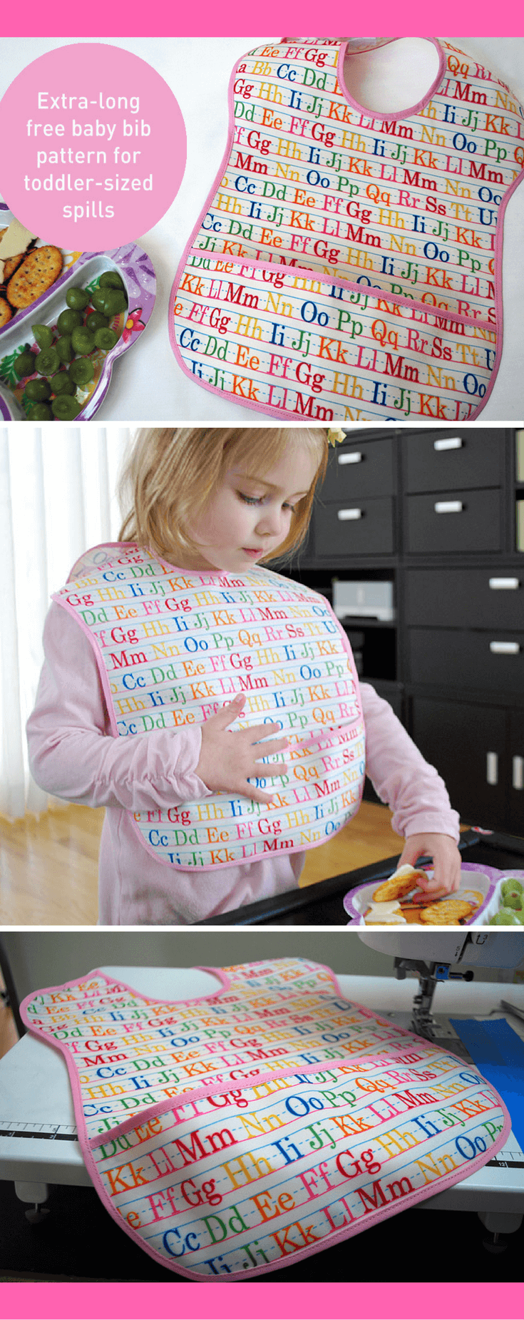 Extra-long baby bib free sewing pattern for todder-sized spills. Make this longer bib with a large pocket for toddler and reduce your laundry! Makes a great DIY baby gift. Extra-long baby bib free sewing pattern for todder-sized spills. Make this longer bib with a large pocket for toddler and reduce your laundry! Makes a great DIY baby gift.