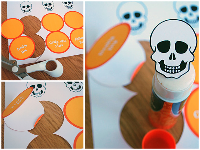 Livre Halloween para impressão Skeleton Doily, cartões do lugar e Decorações de mesa