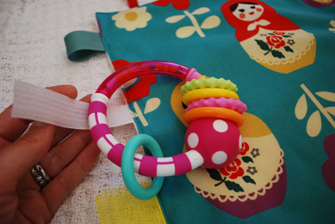 Merriment :: Kid's Travel Toy Blanket with Velcro Loops and Ribbon Tags free DIY tutorial and pattern template craft project for  Merriment  Design by Kathy Beymer at MerrimentDesign.com