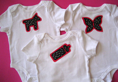 Merriment :: Sewn baby onesie dog, butterfly, bottle, bow & 
heart