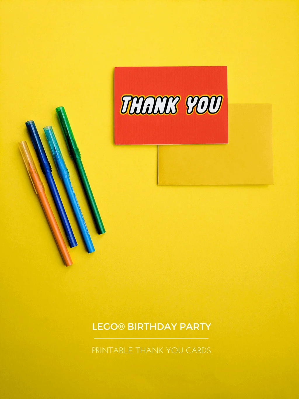 Free printable LEGO-inspired thank you cards. Just download, print and cut -- birthday kids can draw or write their own LEGO birthday party thank you notes inside.