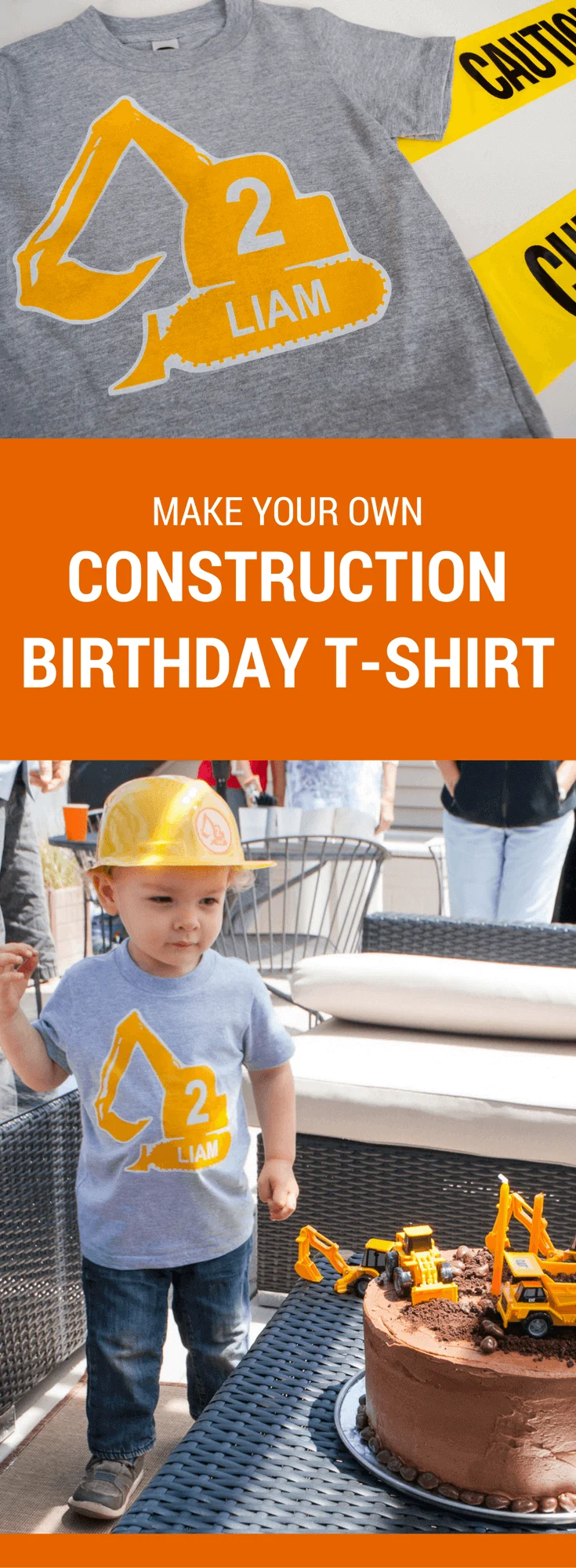 Make a DIY personalized construction birthday t-shirt for a modern construction birthday party. Just type to personalize, print, iron-on, and wear!