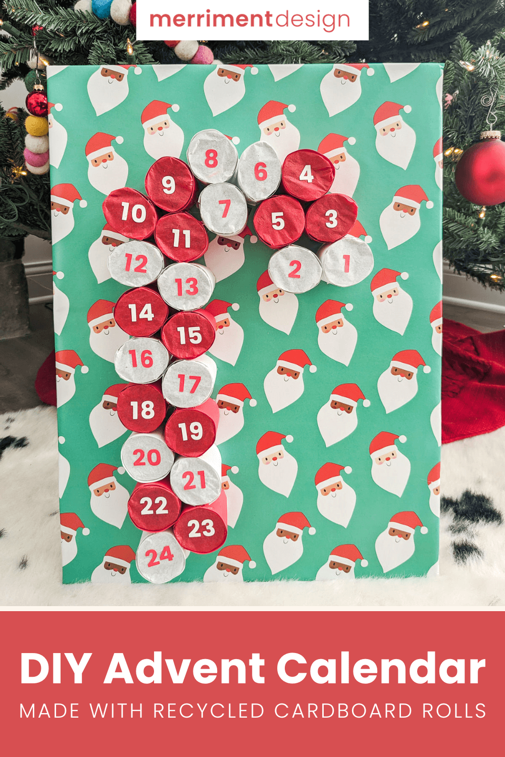 Candy Cane DIY Advent Calendar made from cardboard paper rolls
