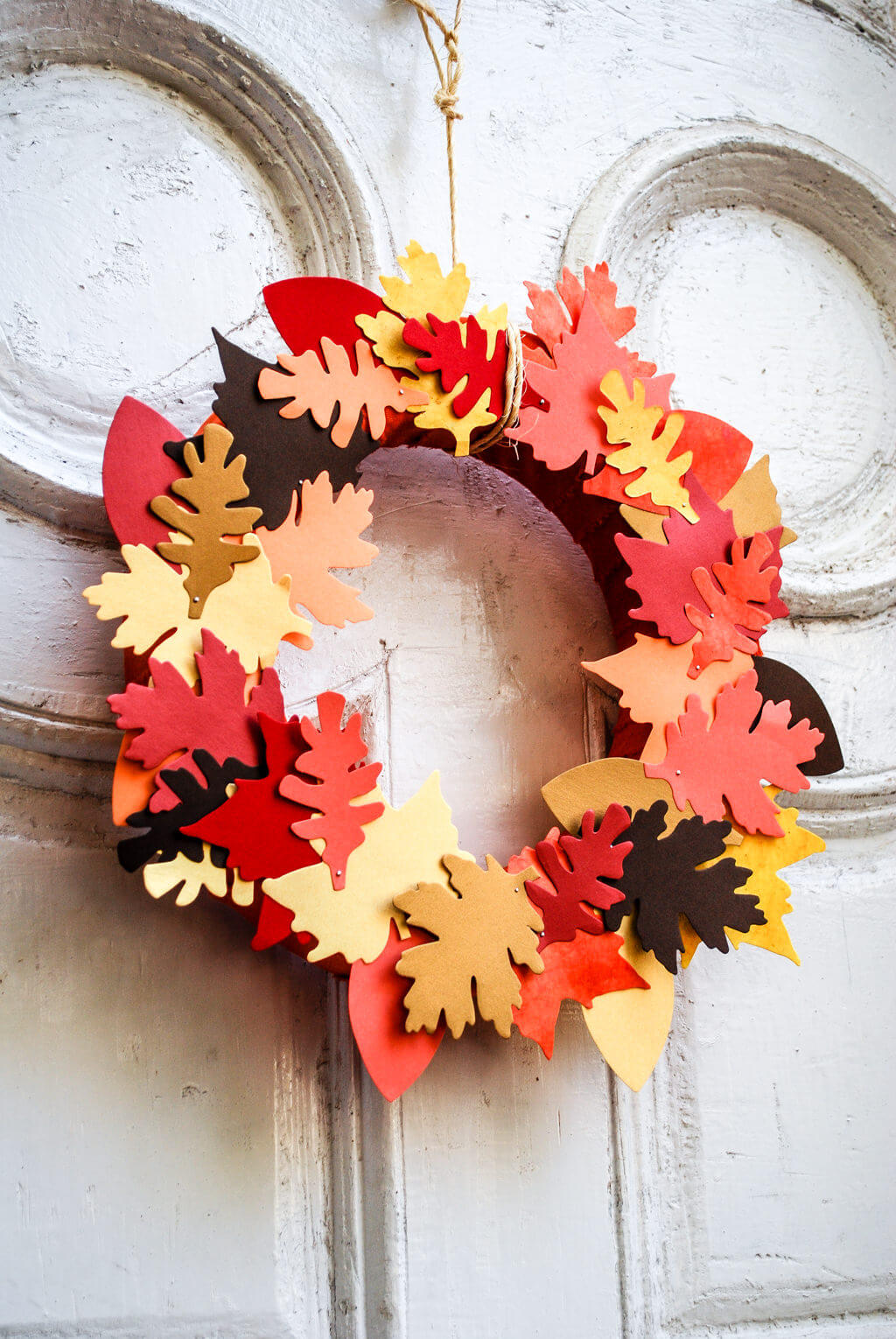 DIY leaf wreath on the front door