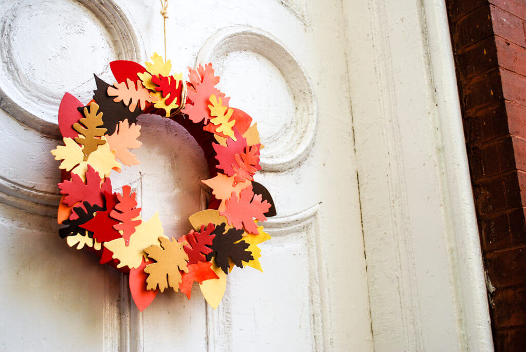 DIY leaf wreath on the front door