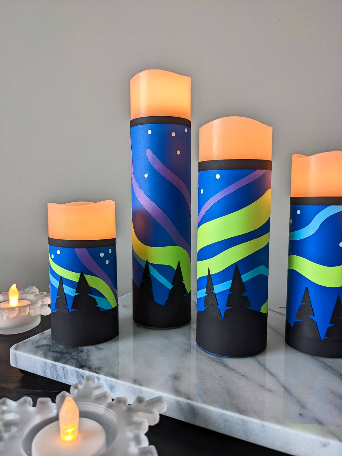 Northern Lights DIY candle wraps on battery-operated candles