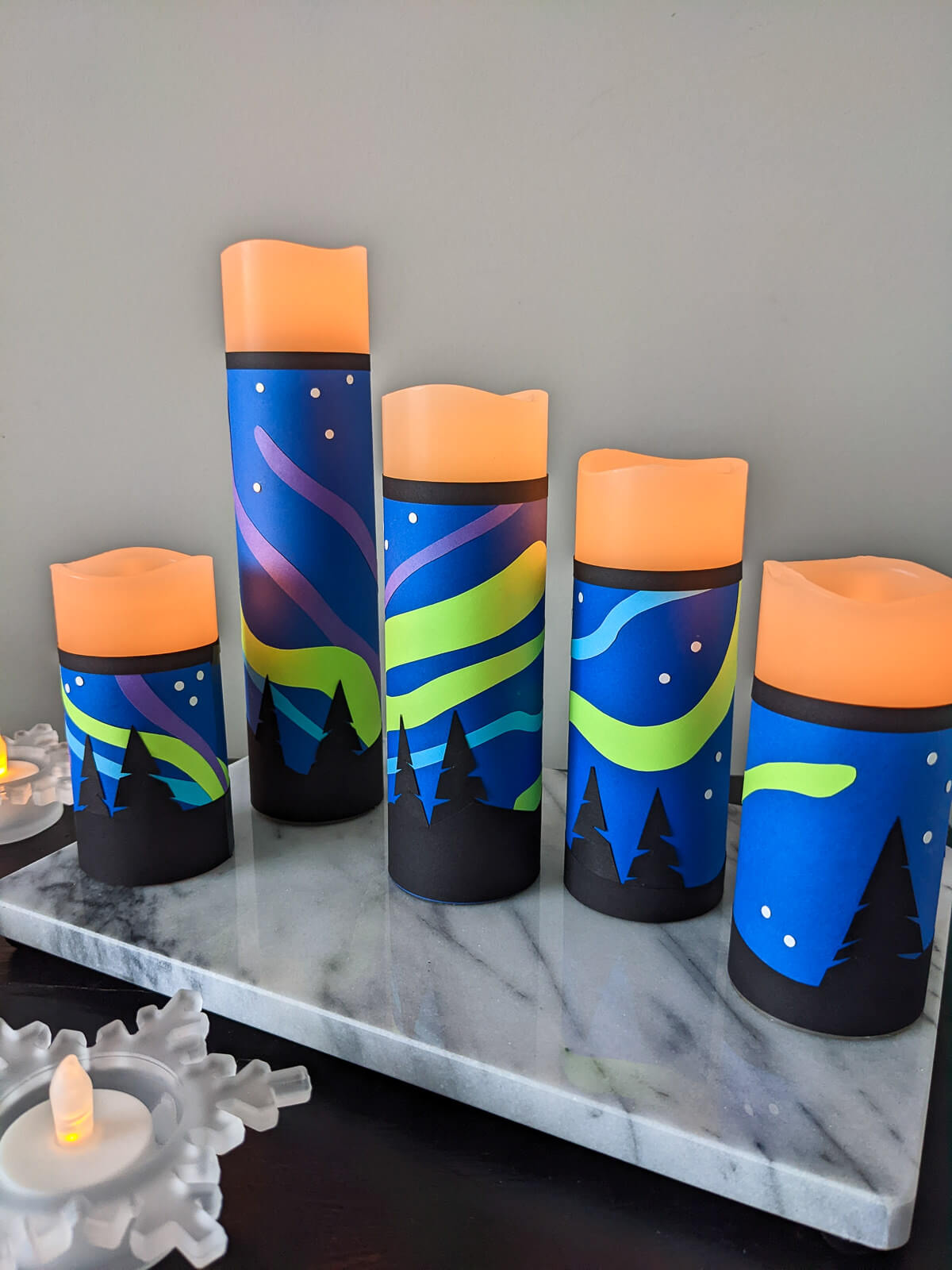 Northern Lights DIY candle wraps on battery-operated candles