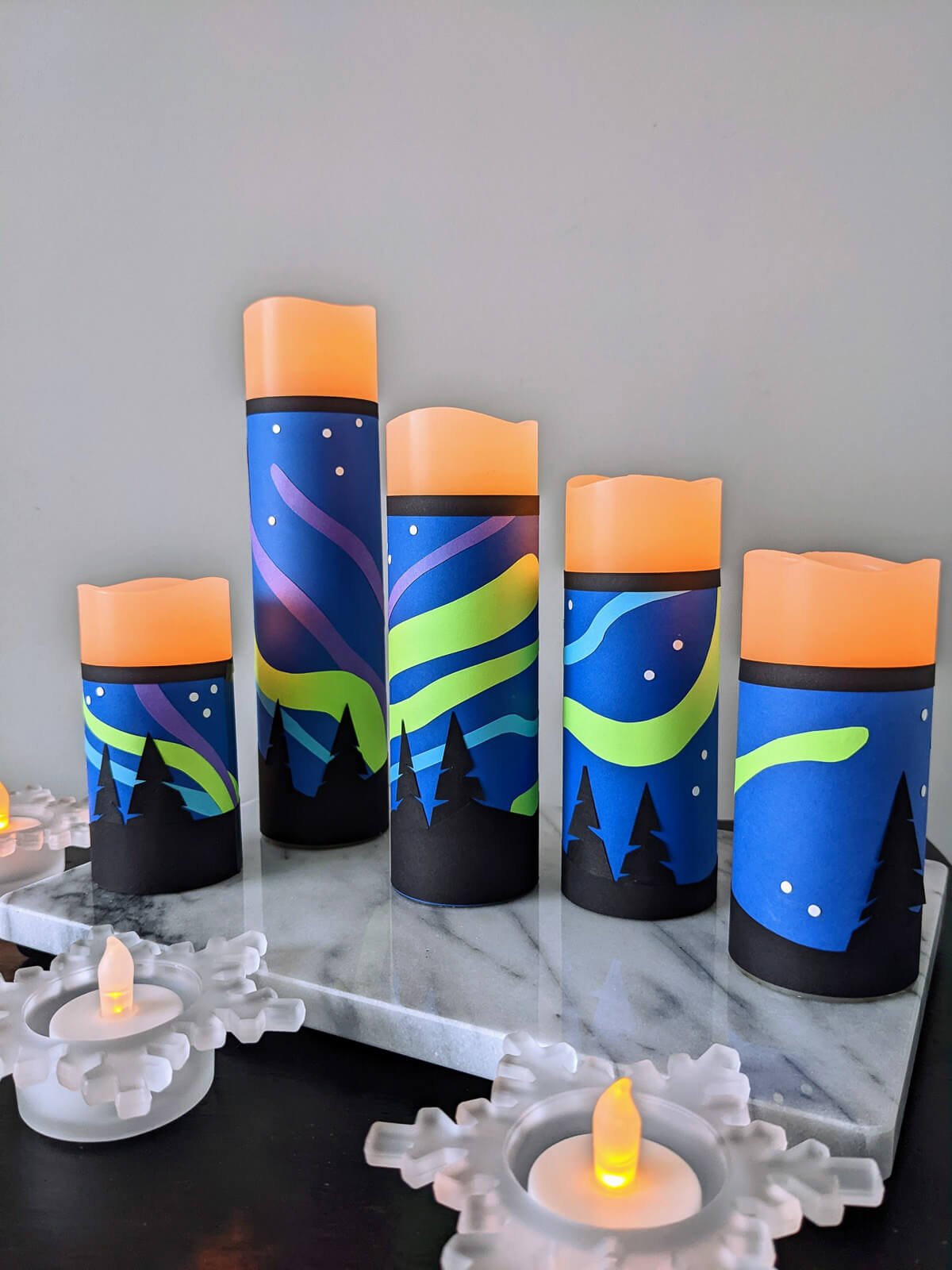 Northern Lights DIY candle wraps on battery-operated candles