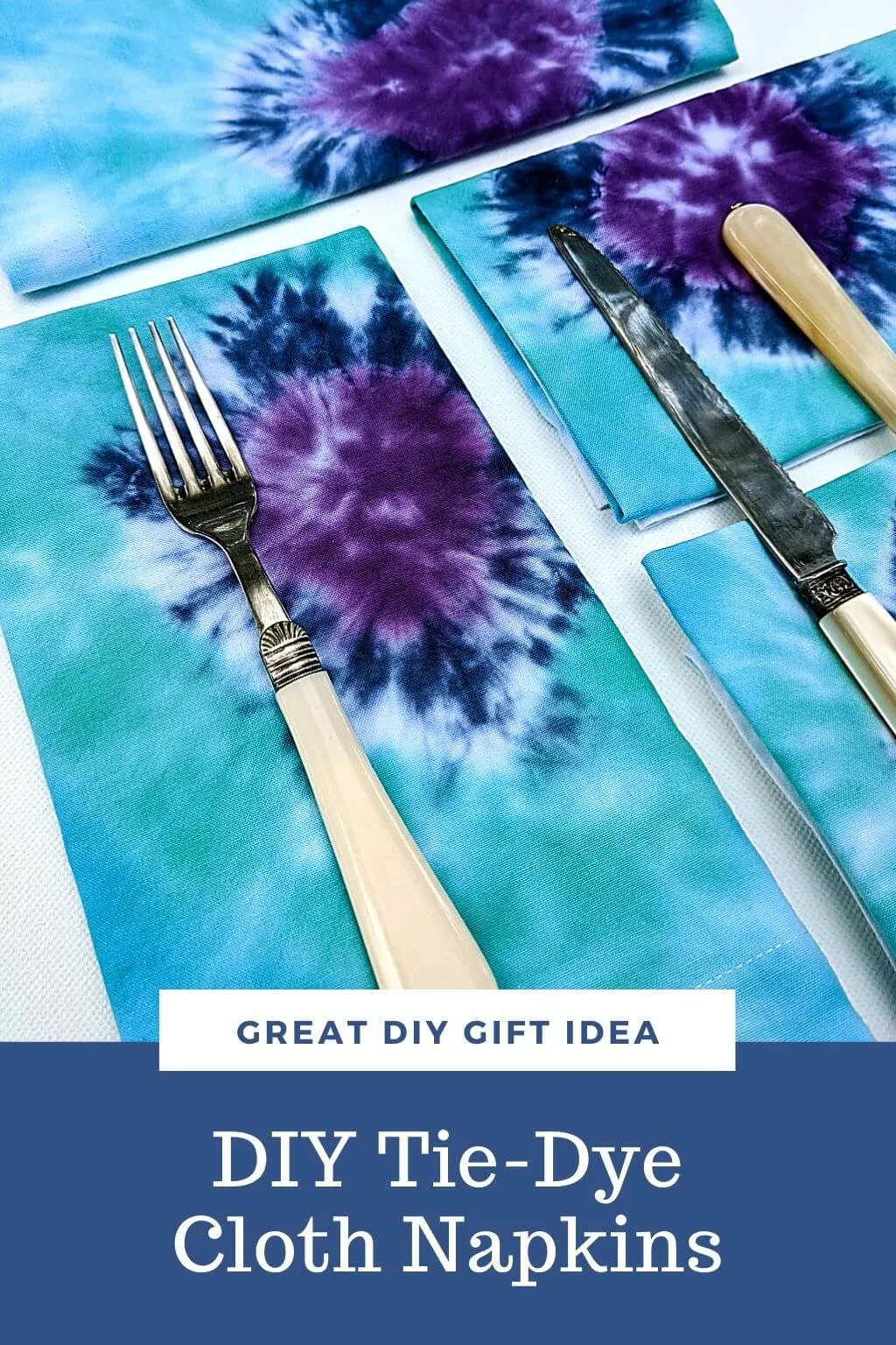 DIY tie-dye cloth napkins in indigo, turquoise blue, and purple