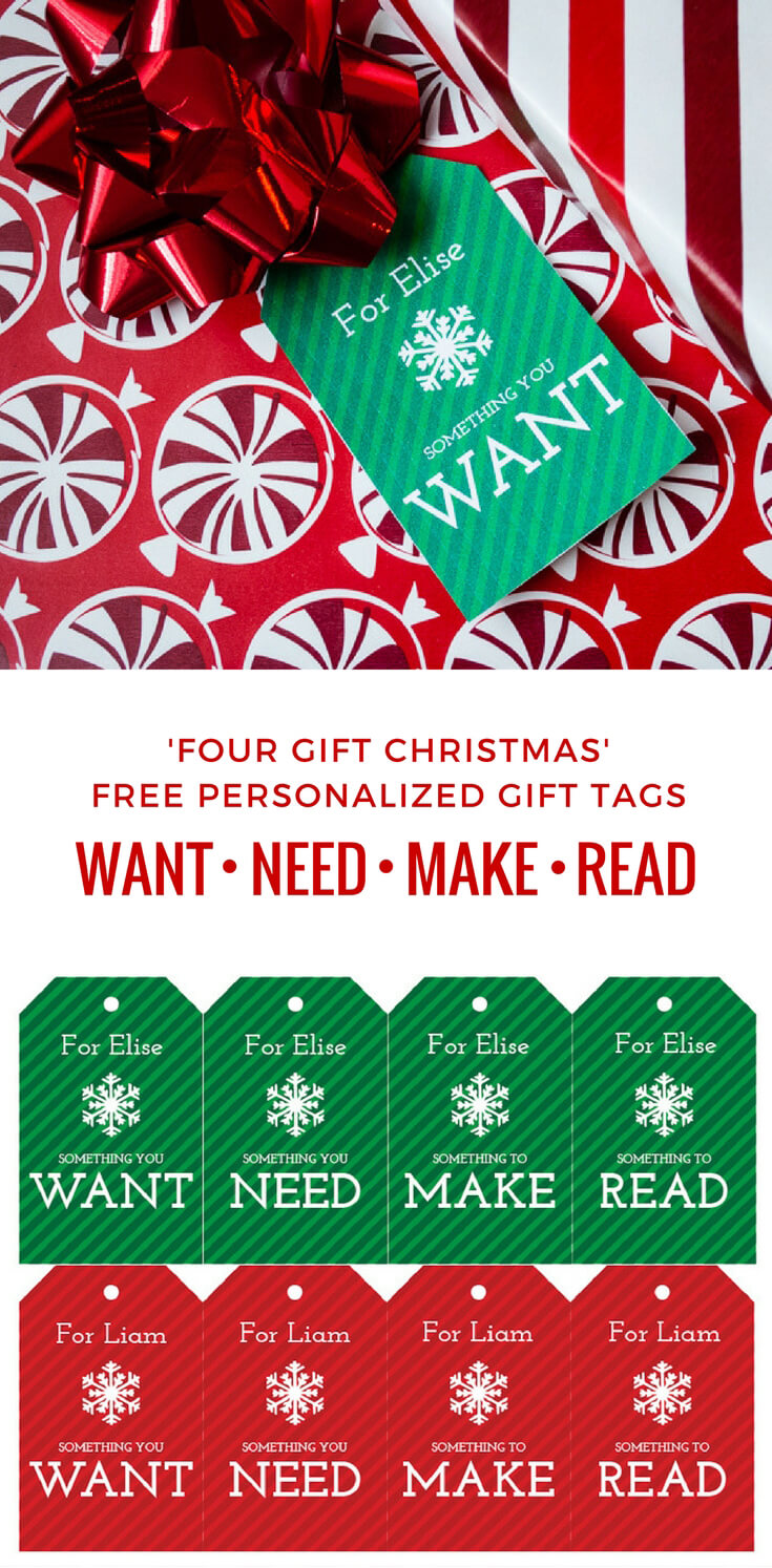 Free printable Christmas gift tags for 'Something you want, something you need, something to make, something to read'. #christmasgifts #fourgiftchristmas #christmastags #freeprintable #giftwrap