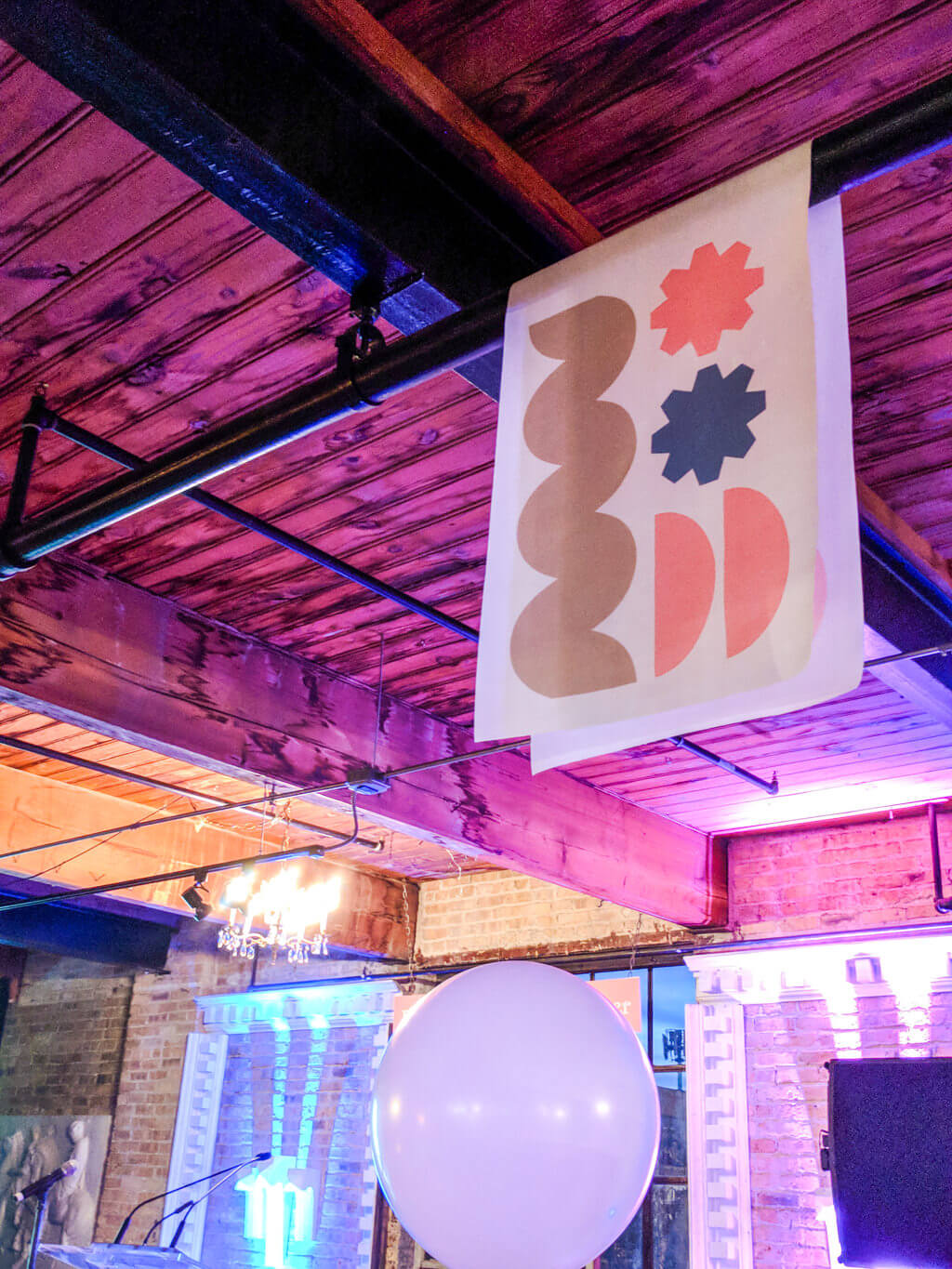 Fabric banners decorations at Salvage One Chicago