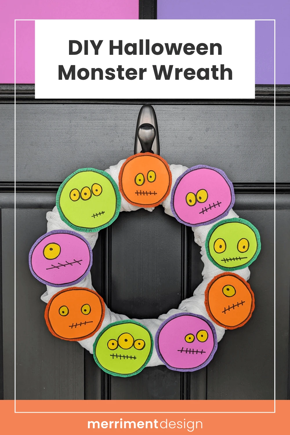 Cute Halloween Monster Wreath Tutorial | DIY Halloween Decorations DIY Halloween Monster Wreath in purple, green, and orange on a black front door