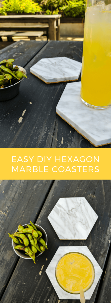 Easy DIY hexagon Carrara marble coasters. So easy and less than $5 each, makes a great DIY gift! Just add cork to backs of hexagon bathroom tiles using Mod Podge, optionally seal. [easy DIY gift | DIY coasters | marble coasters | cork coasters | easy Mother's Day DIY gift | easy DIY Christmas gift | easy DIY housewarming gift]