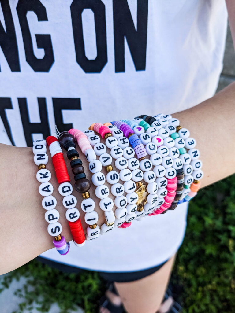 DIY Taylor Swift bead bracelets with ideas for words and lyrics to spell using alphabet and clay beads