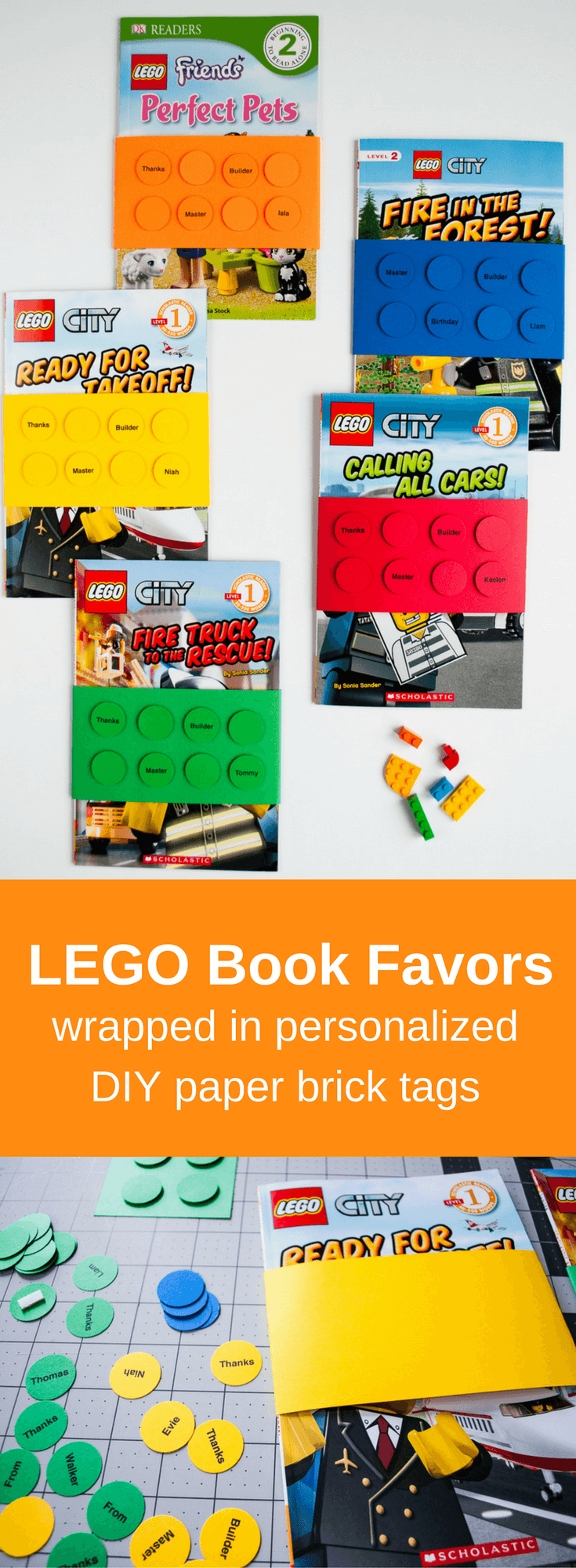Easy DIY LEGO Birthday Party Favors. Liam's party guest loved them! Wrap LEGO books with personalized paper LEGO brick book wraps for an easy and useful LEGO birthday party favor idea for goodie bags!