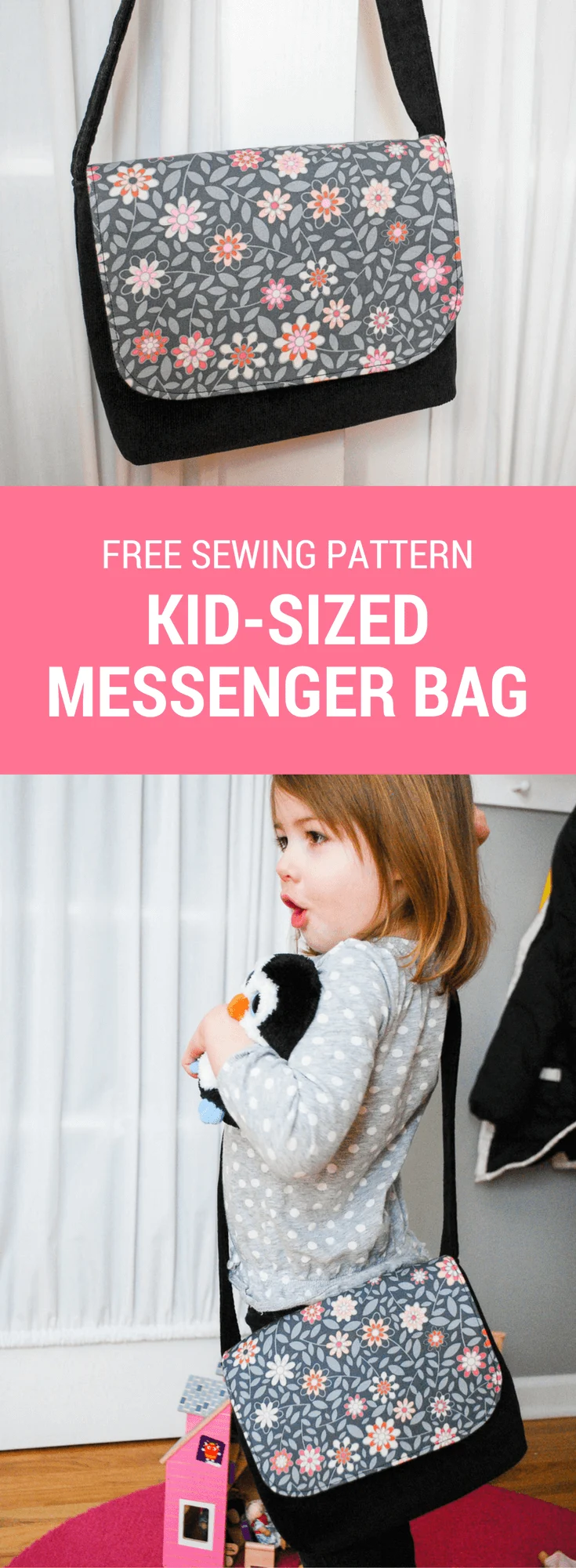 Free sewing pattern for a kid-sized messenger bag. It's an easy DIY sewing project for beginners and makes a great DIY gift for kids!