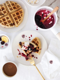 Gluten-free Meyer Lemon Waffles recipe with Blackberry Compote. (No meyer lemons? Regular lemons work great!)