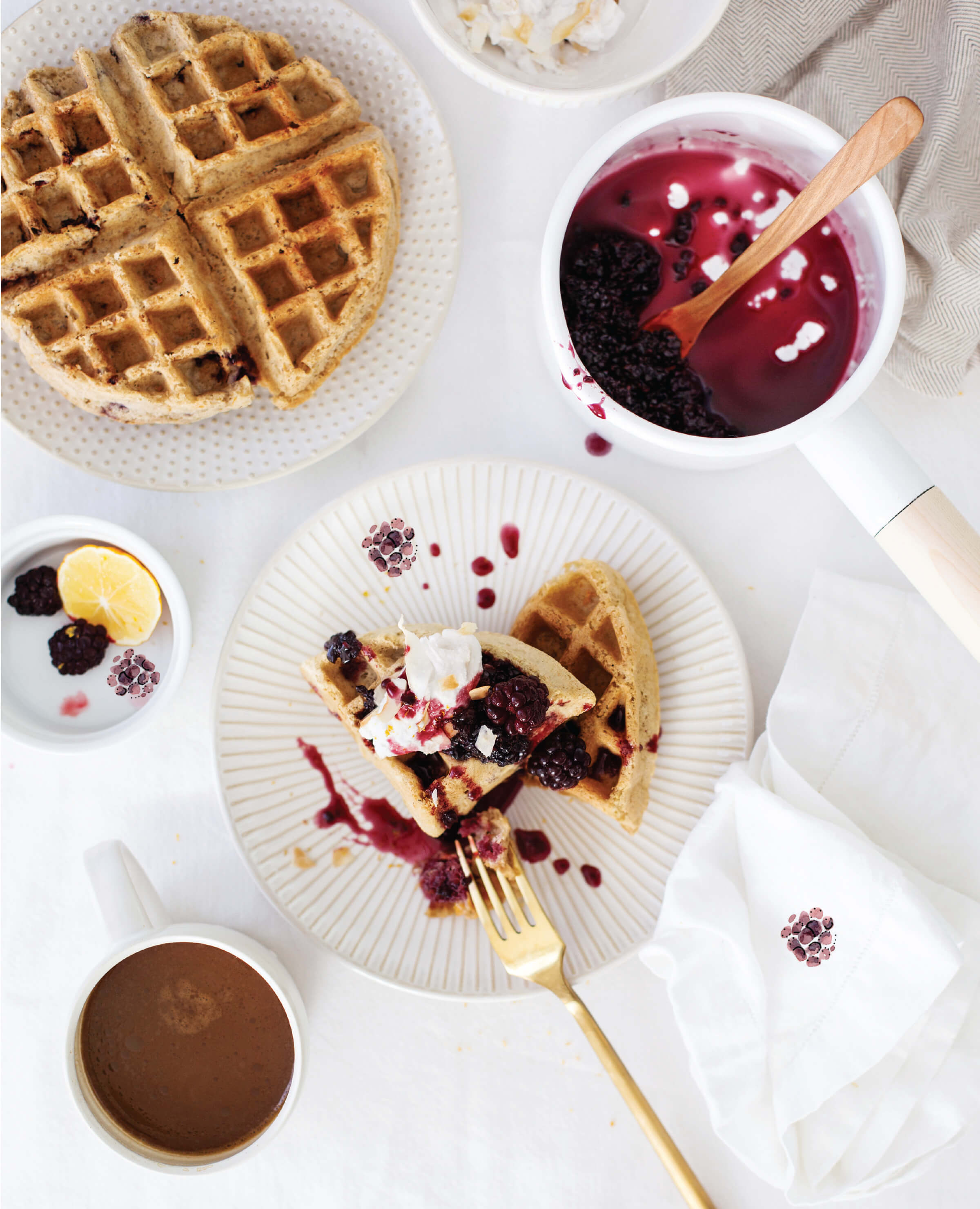 Gluten-free Meyer Lemon Waffles recipe with Blackberry Compote. (No meyer lemons? Regular lemons work great!) [image © Heather Crosby]