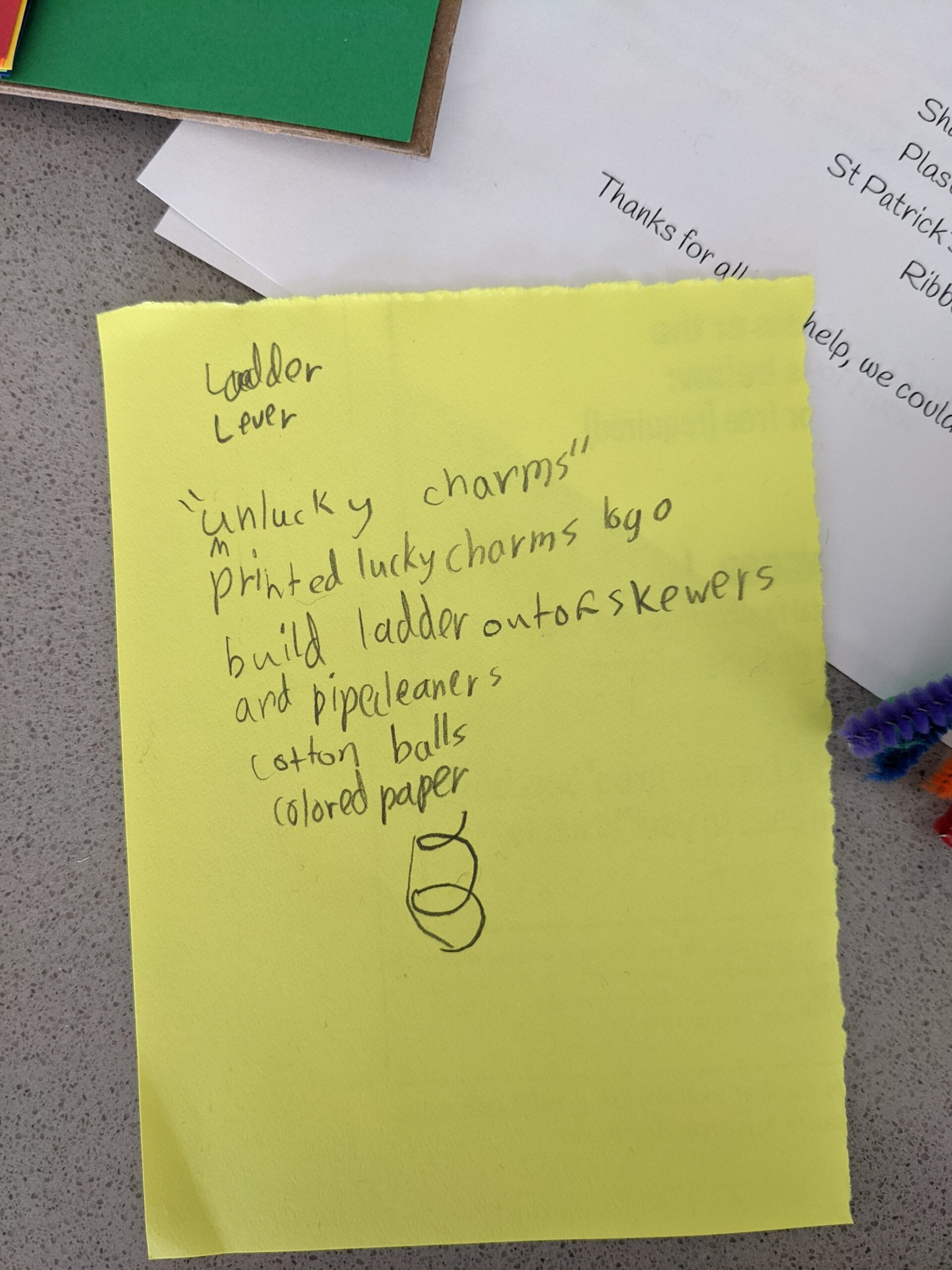 My kid's written plan for making a leprechaun trap