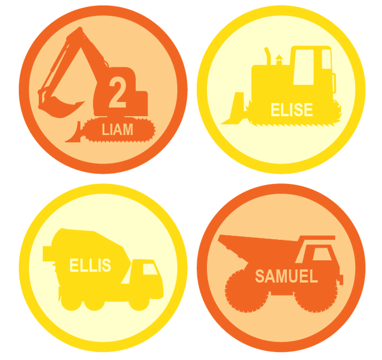 Personalized construction vehicles printable for construction hats, birthday party favors, temporary tattoos, cupcake toppers