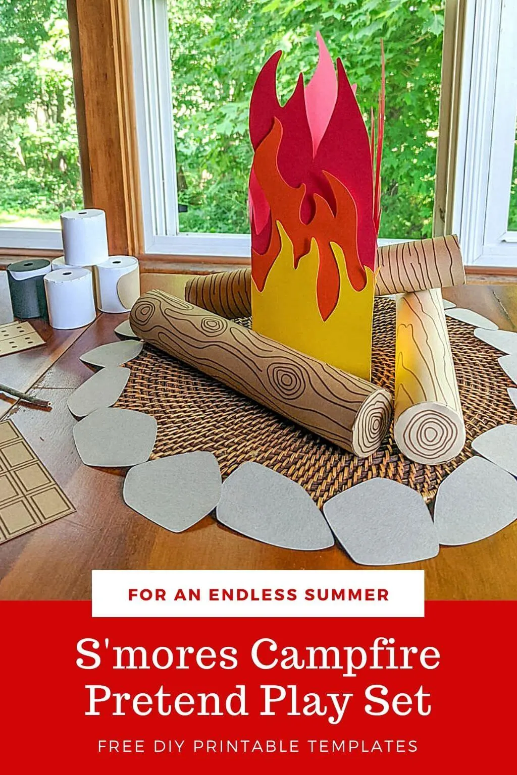 DIY s'mores campfire pretend play set made from paper and upcycled cardboard paper tubes