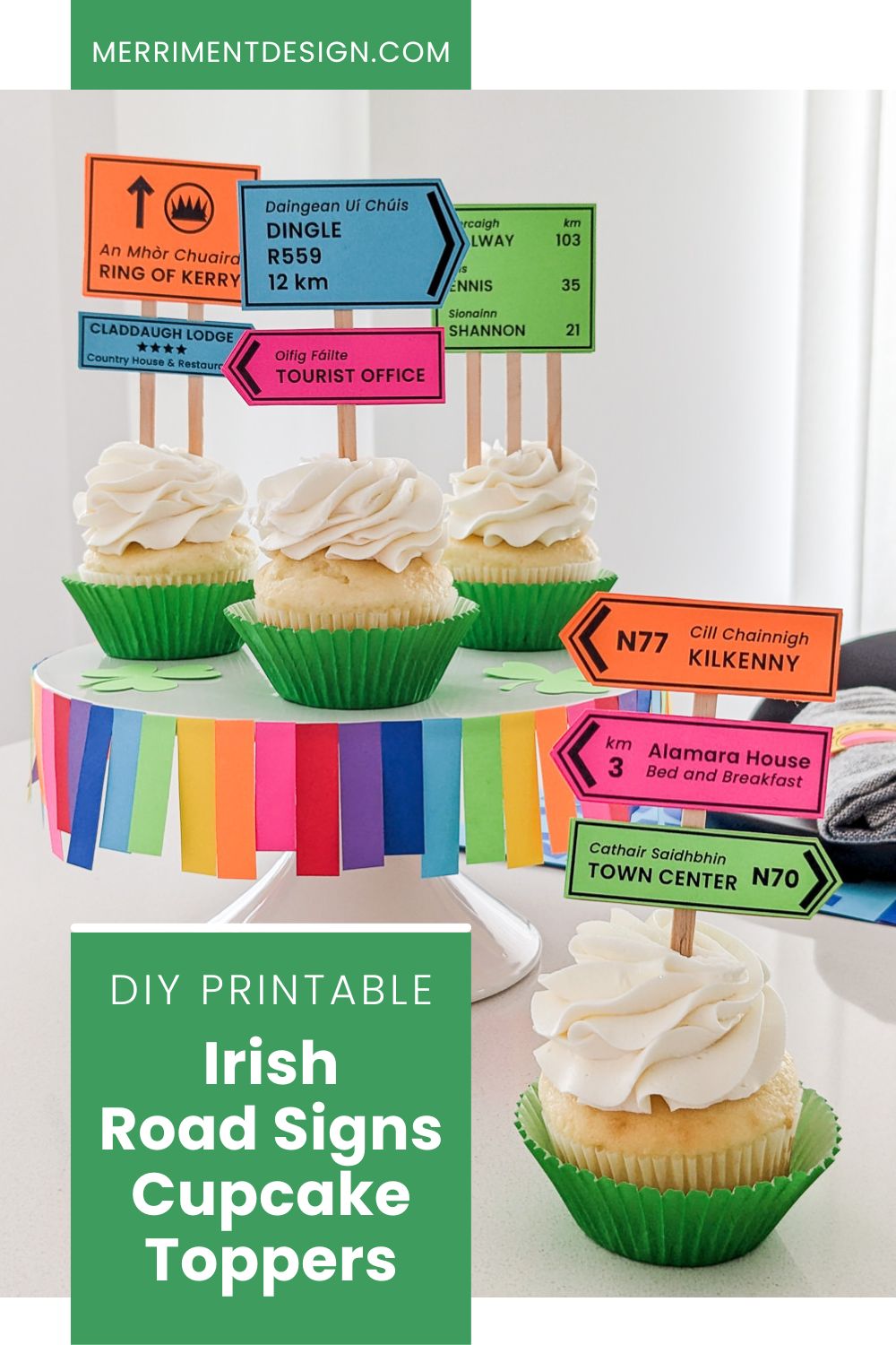 Irish road signs cupcakes sitting on a DIY rainbow cake stand for St. Patrick's Day