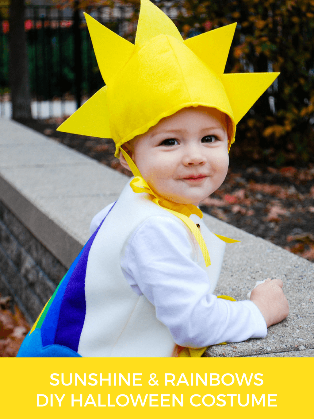 Sunshine and Rainbows DIY Halloween costume - cute DIY Halloween costume idea for toddlers, baby and kids. Follow this free sewing pattern and tutorial to make your own handmade sunshine and rainbows costume!