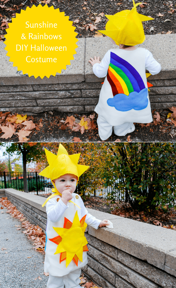 Sunshine and Rainbows DIY Halloween costume - cute DIY Halloween costume idea for toddlers, baby and kids. Follow this free sewing pattern and tutorial to make your own handmade sunshine and rainbows costume!