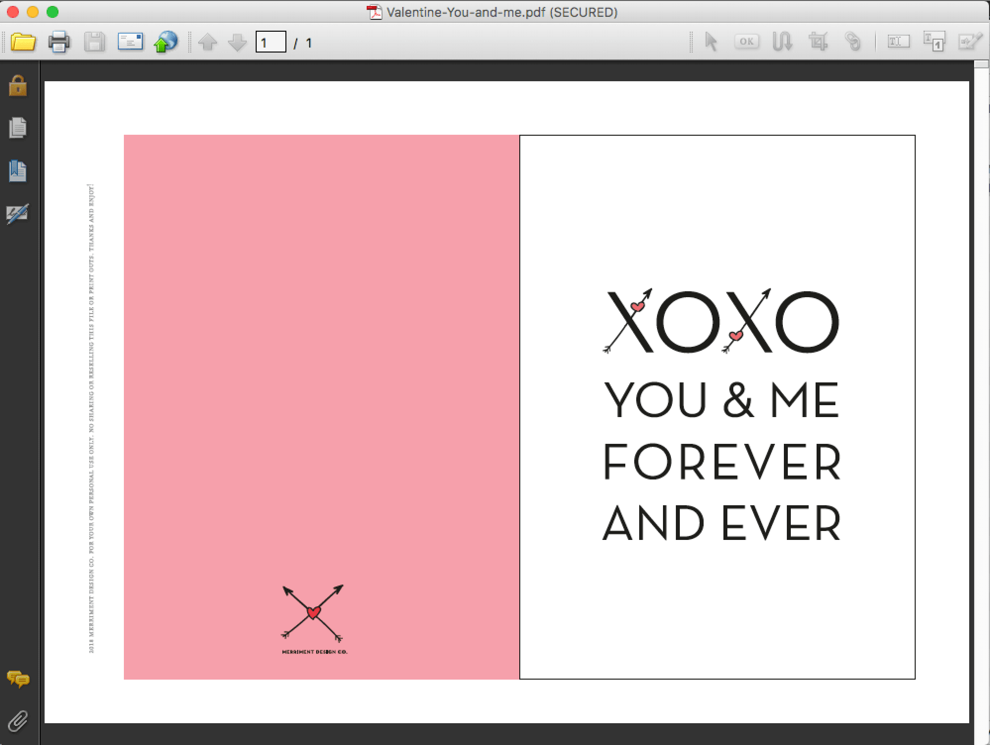 XOXO free printable Valentine with arrows and hearts