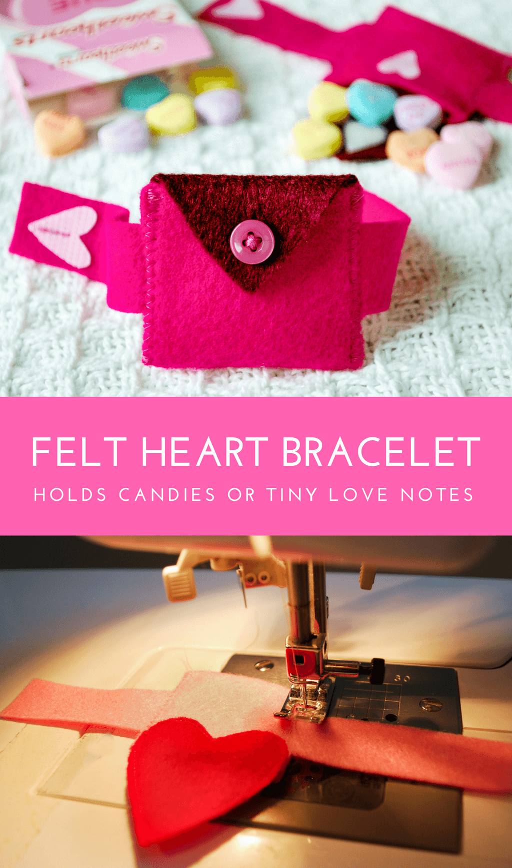 DIY Valentine’s Day Felt Heart Pocket Bracelet. Easy to sew by hand or on a sewing machine. The heart-shaped pocket holds candies or a teeny love note. Make this Valentine's Day gift for the sweet kid in your life! #valentinesday #valentine #felt #sewing