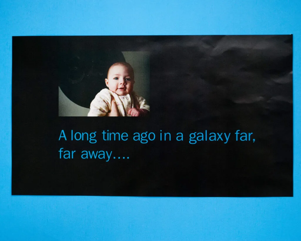 'A long time ago in a galaxy far far away...' free Star Wars Printable Sign. Use this free printable PDF at a Star Wars birthday party. Add a photo of your child as a baby (because doesn't that seem a long time ago??)