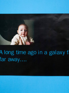 'A long time ago in a galaxy far far away...' free Star Wars Printable Sign. Use this free printable PDF at a Star Wars birthday party. Add a photo of your child as a baby (because doesn't that seem a long time ago??)