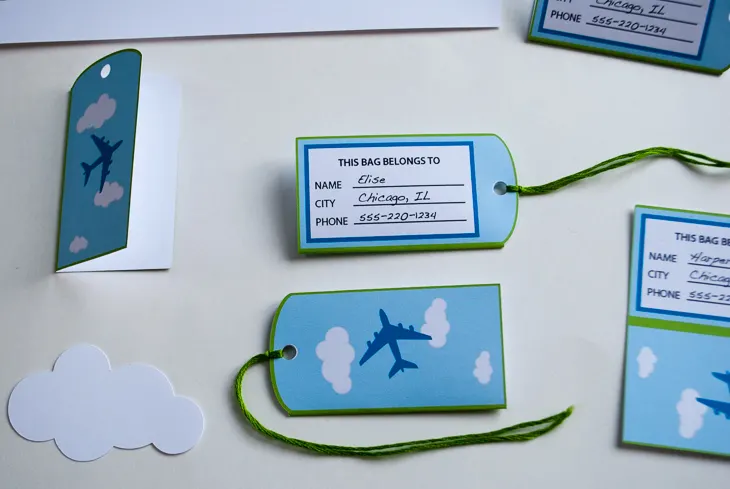 Printable personalized airplane favor bag (goodie bag) luggage tags for an airplane birthday party. Just type to personalize for party guests, print, cut out and tie onto your goodie/favor bags. What a cute and easy airplane birthday party favor bag idea!