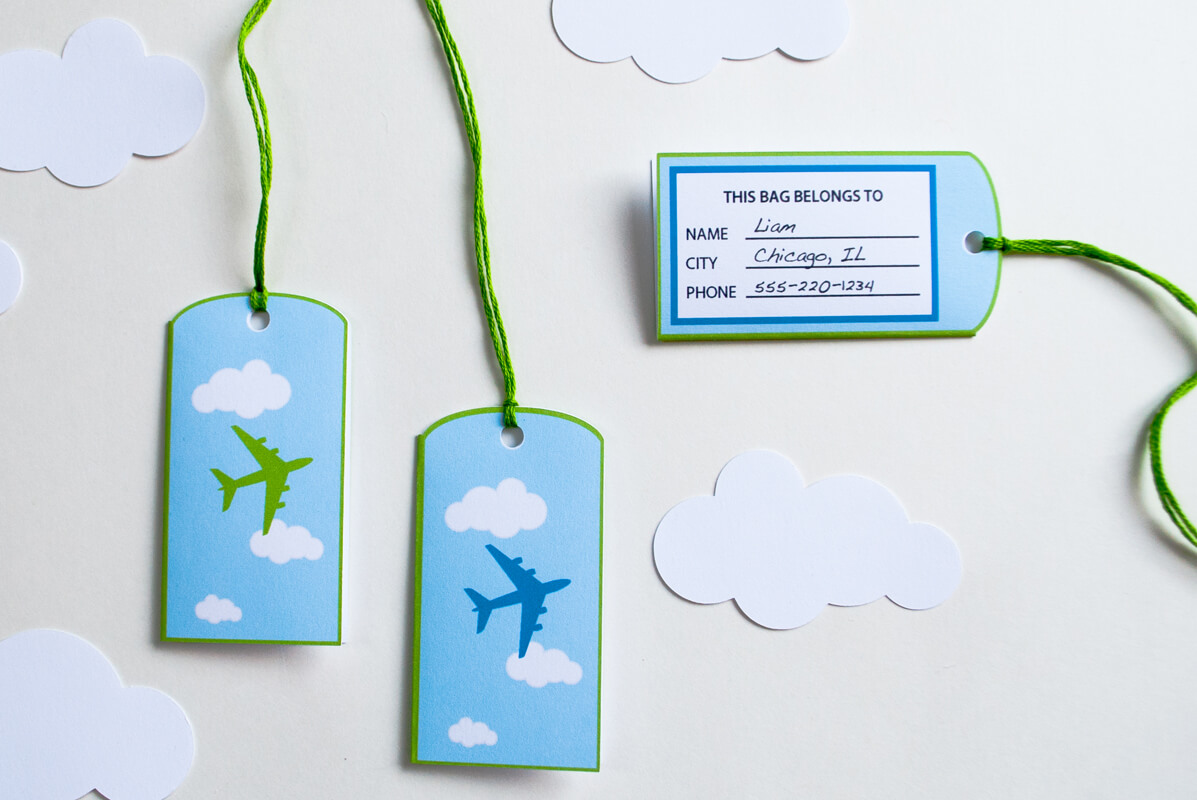 Printable personalized airplane favor bag (goodie bag) luggage tags for an airplane birthday party. Just type to personalize for party guests, print, cut out and tie onto your goodie/favor bags. What a cute and easy airplane birthday party favor bag idea!