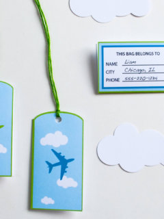 Printable personalized airplane favor bag (goodie bag) luggage tags for an airplane birthday party. Just type to personalize for party guests, print, cut out and tie onto your goodie/favor bags. What a cute and easy airplane birthday party favor bag idea!