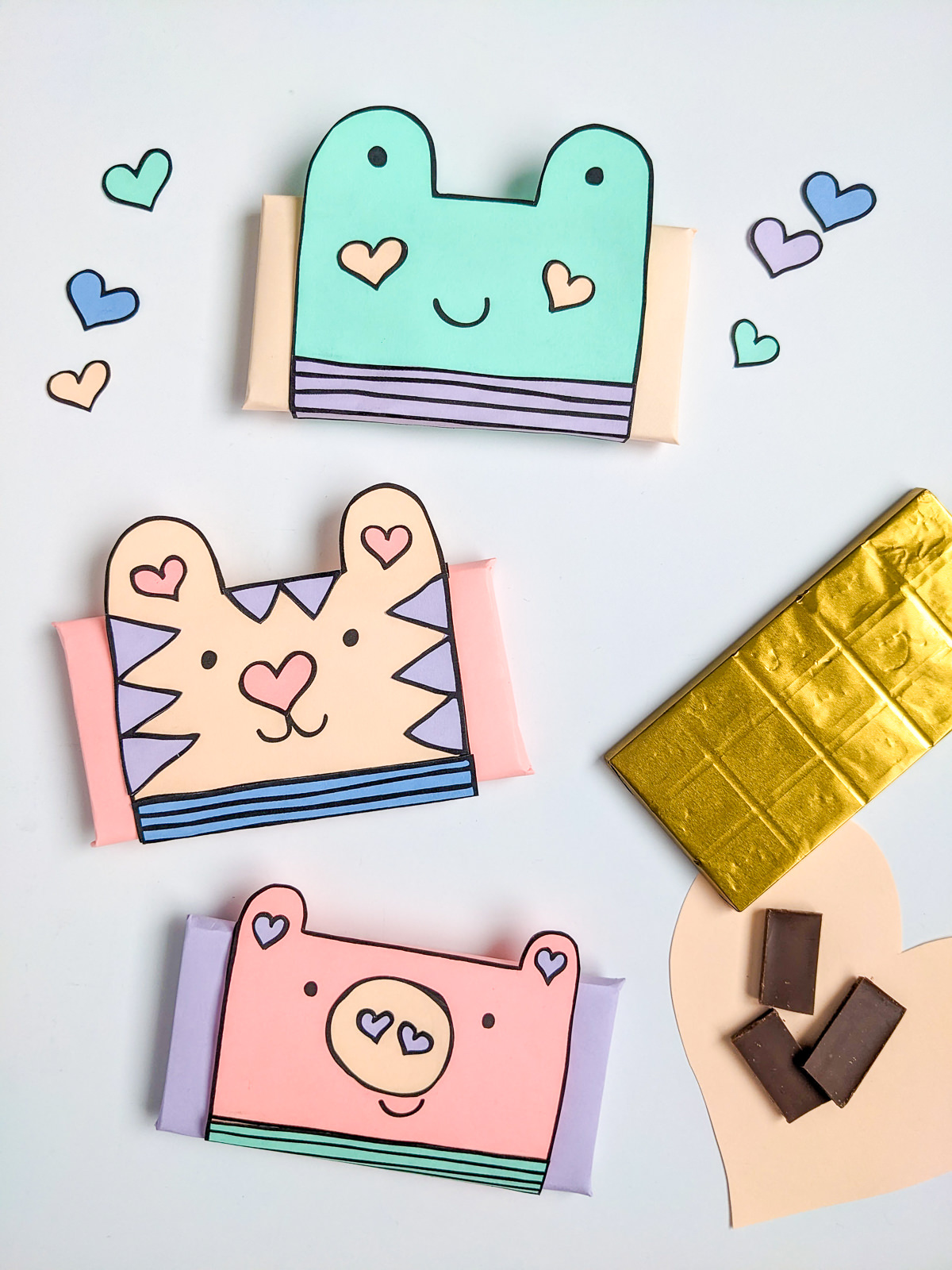 Toad, Tiger and Pig animal puns valentines DIY wrapped chocolate candy bars