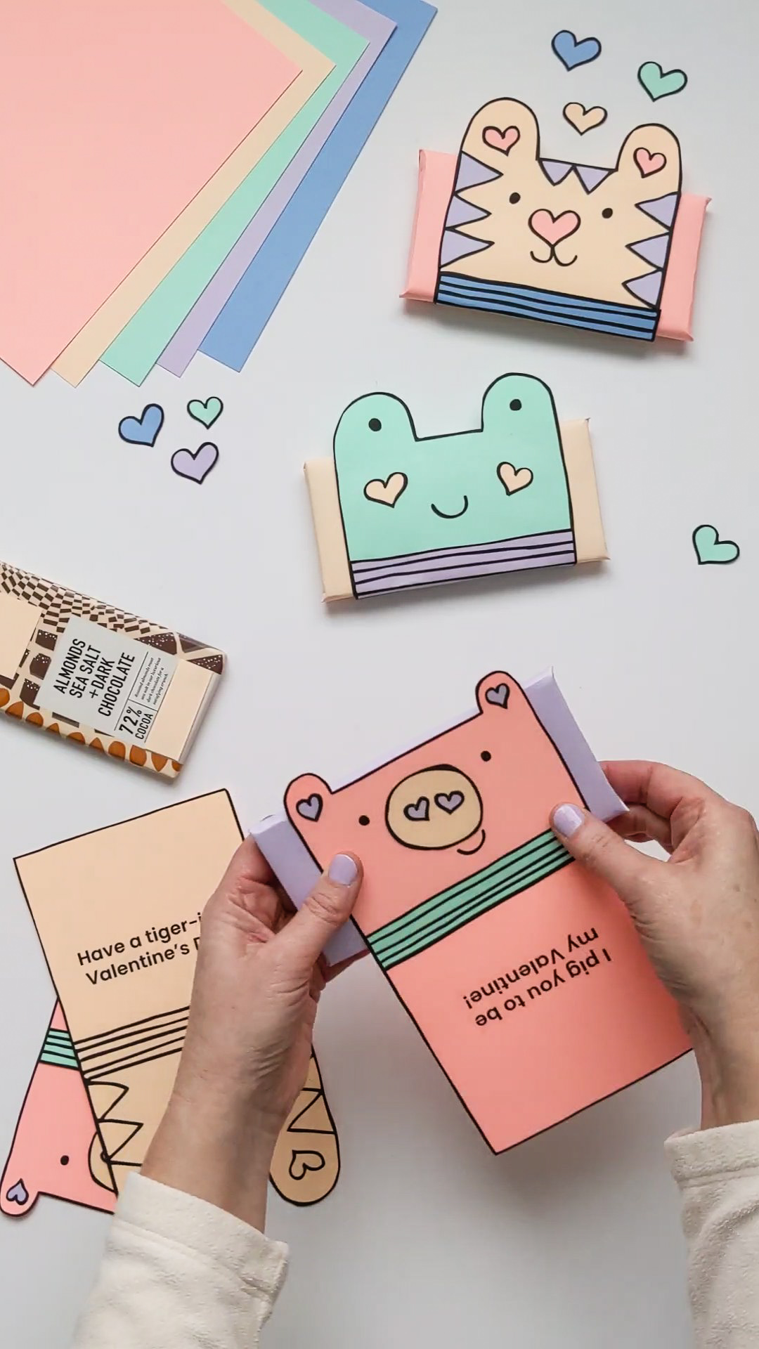 How to fold animal puns printable candy bar templates around full-size chocolate bars for Valentine's Day