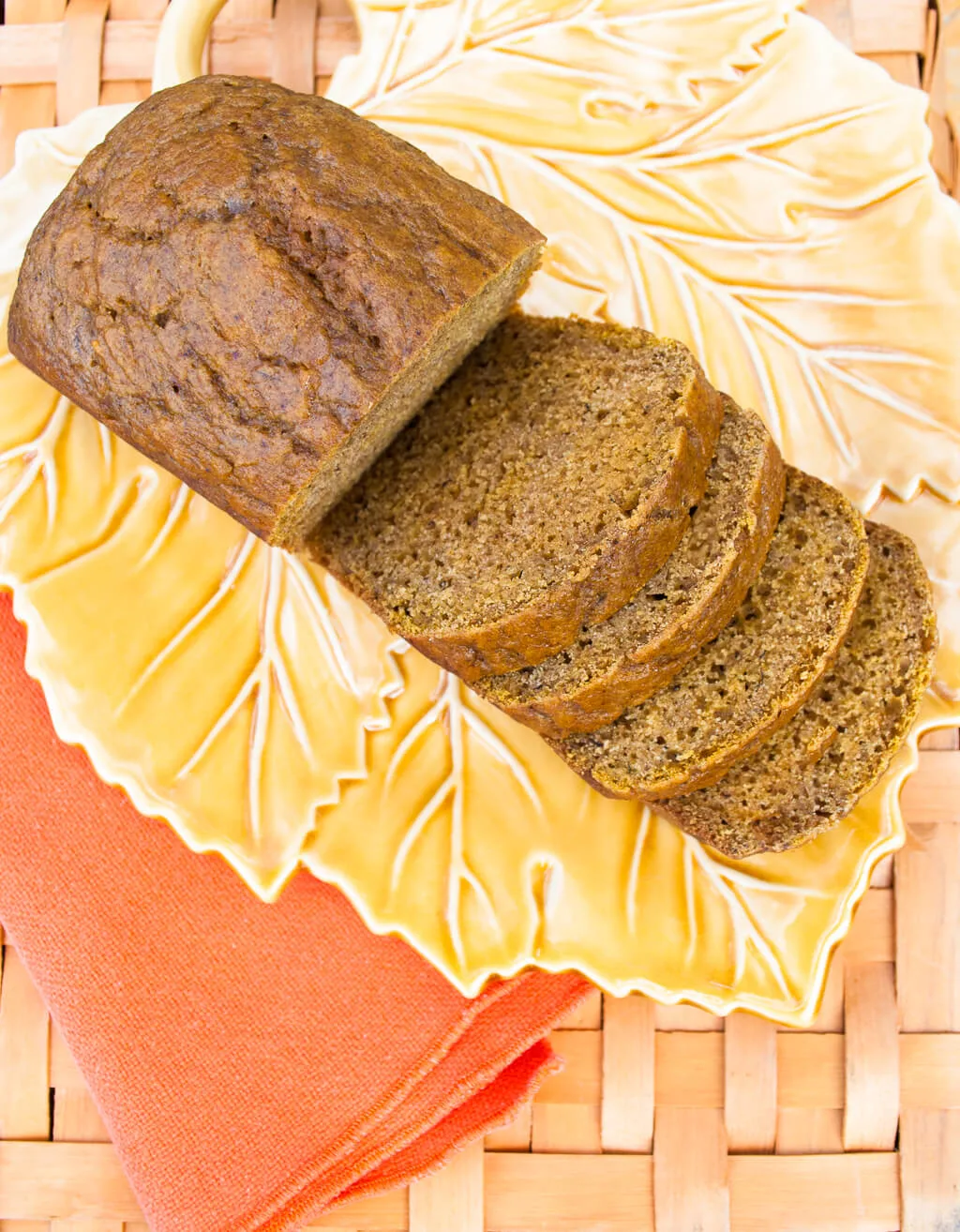Pumpkin banana bread recipe with less sugar, coconut oil, healthier flours and pumpkin pie spice. Make it as mini-loaves or full-loaves.