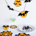 Eek Bats! Printable Halloween party decorations including bat Halloween banner, geometric bat "doily" coasters and decorations, and personalized Halloween placecards | printable Halloween banner | last-minute Halloween | easy Halloween decorations | Bats #halloween #halloweendecorations #printables #bats #tablescape #decorations #halloweenbanner