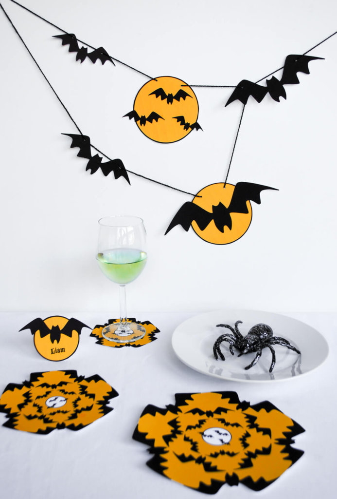 Eek Bats! Printable Halloween party decorations including bat Halloween banner, geometric bat "doily" coasters and decorations, and personalized Halloween placecards | printable Halloween banner | last-minute Halloween | easy Halloween decorations | Bats #halloween #halloweendecorations #printables #bats #tablescape #decorations #halloweenbanner