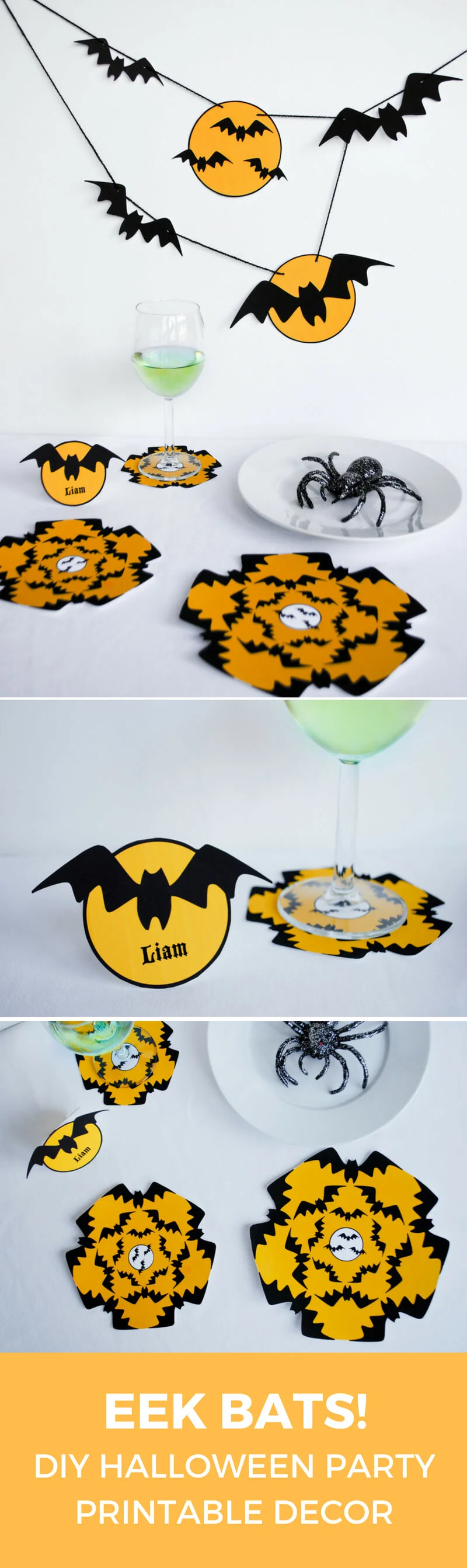 Eek Bats! Printable Halloween party decorations including bat Halloween banner, geometric bat "doily" coasters and decorations, and personalized Halloween placecards | printable Halloween banner | last-minute Halloween | easy Halloween decorations | Bats #halloween #halloweendecorations #printables #bats #tablescape #decorations #halloweenbanner
