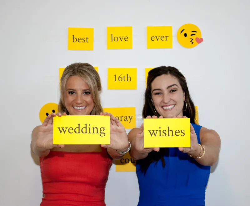 Best Wedding Wishes DIY Photo Booth Backdrop. Give wedding guests word tiles and emojis to spell their best wishes. Removes cleanly and easily from walls - no damage! What an easy and clever DIY photobooth and guest book idea!