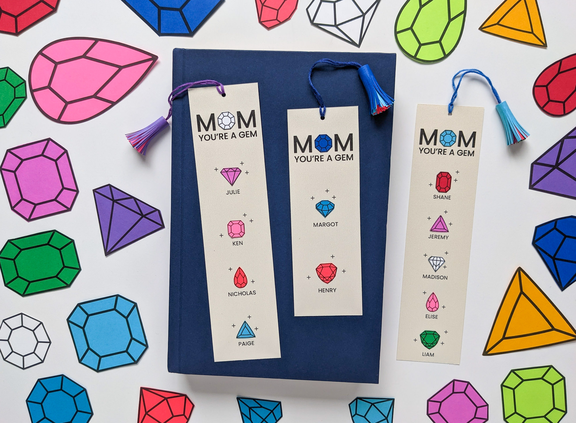 Printable Mother's Day bookmarks with birthstone gems for family members