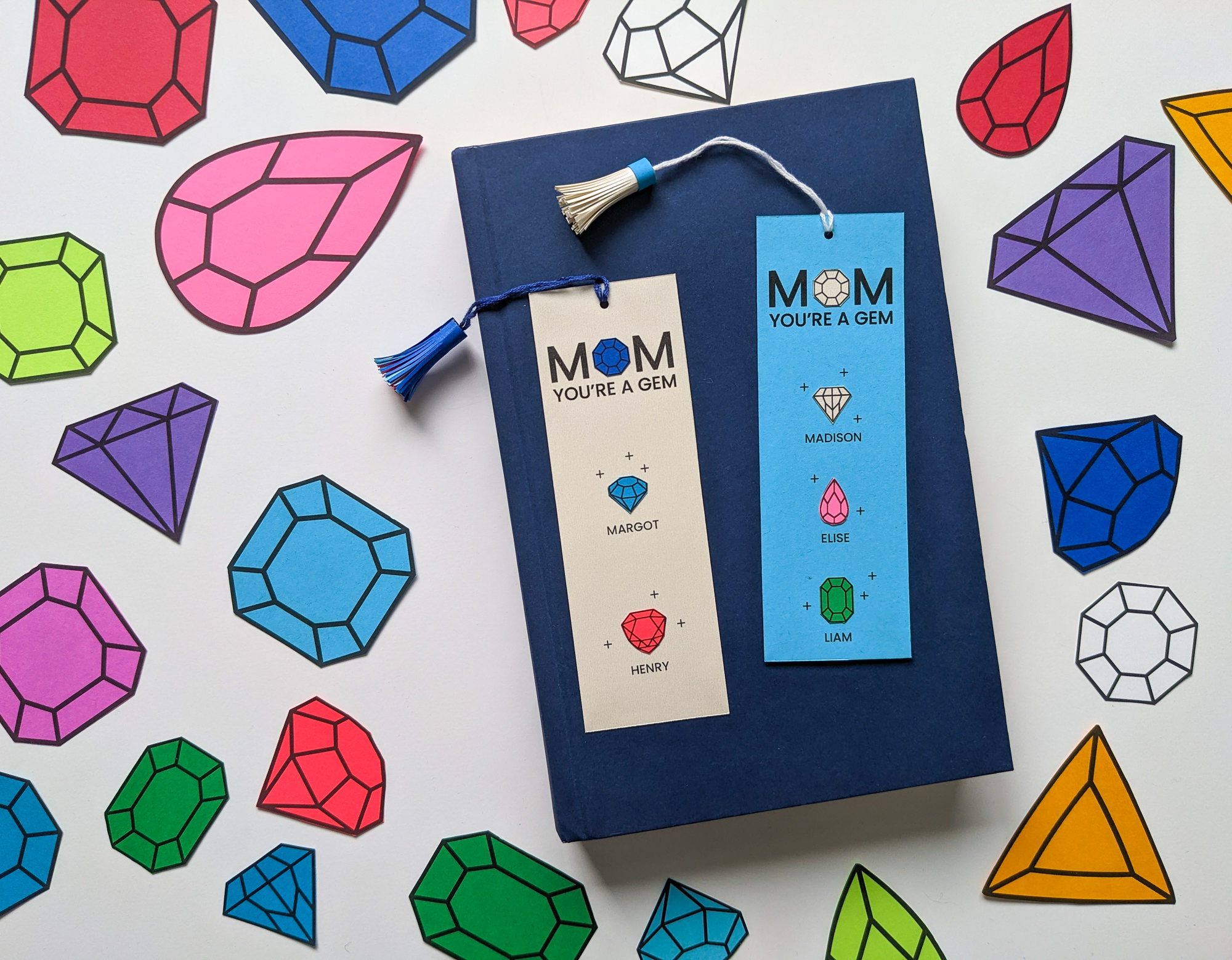 Printable Mother's Day bookmarks with birthstone gems for family members