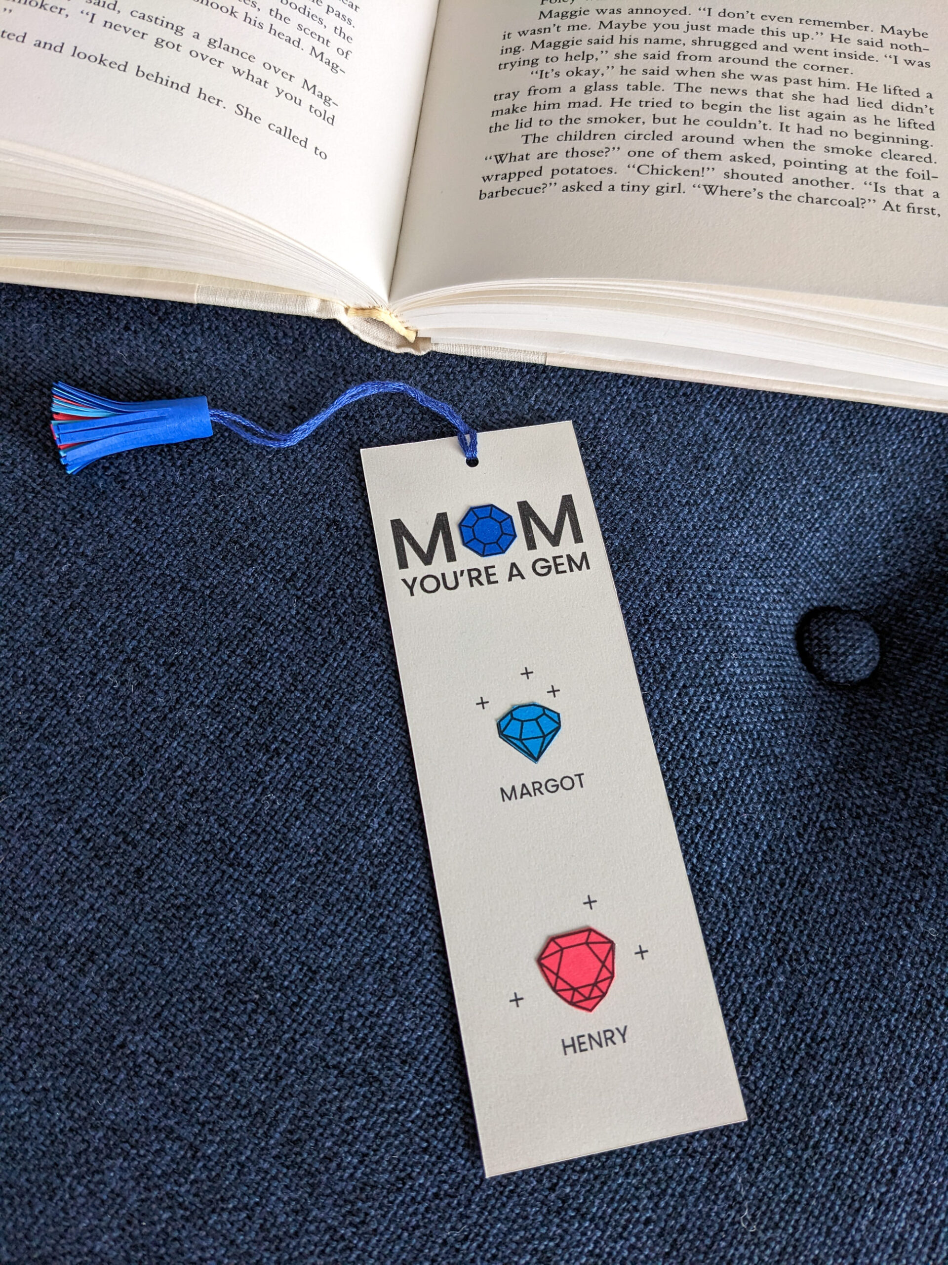 Birthstone Mother's Day bookmarks personalized with Mom's children's names and birthstone gem colors