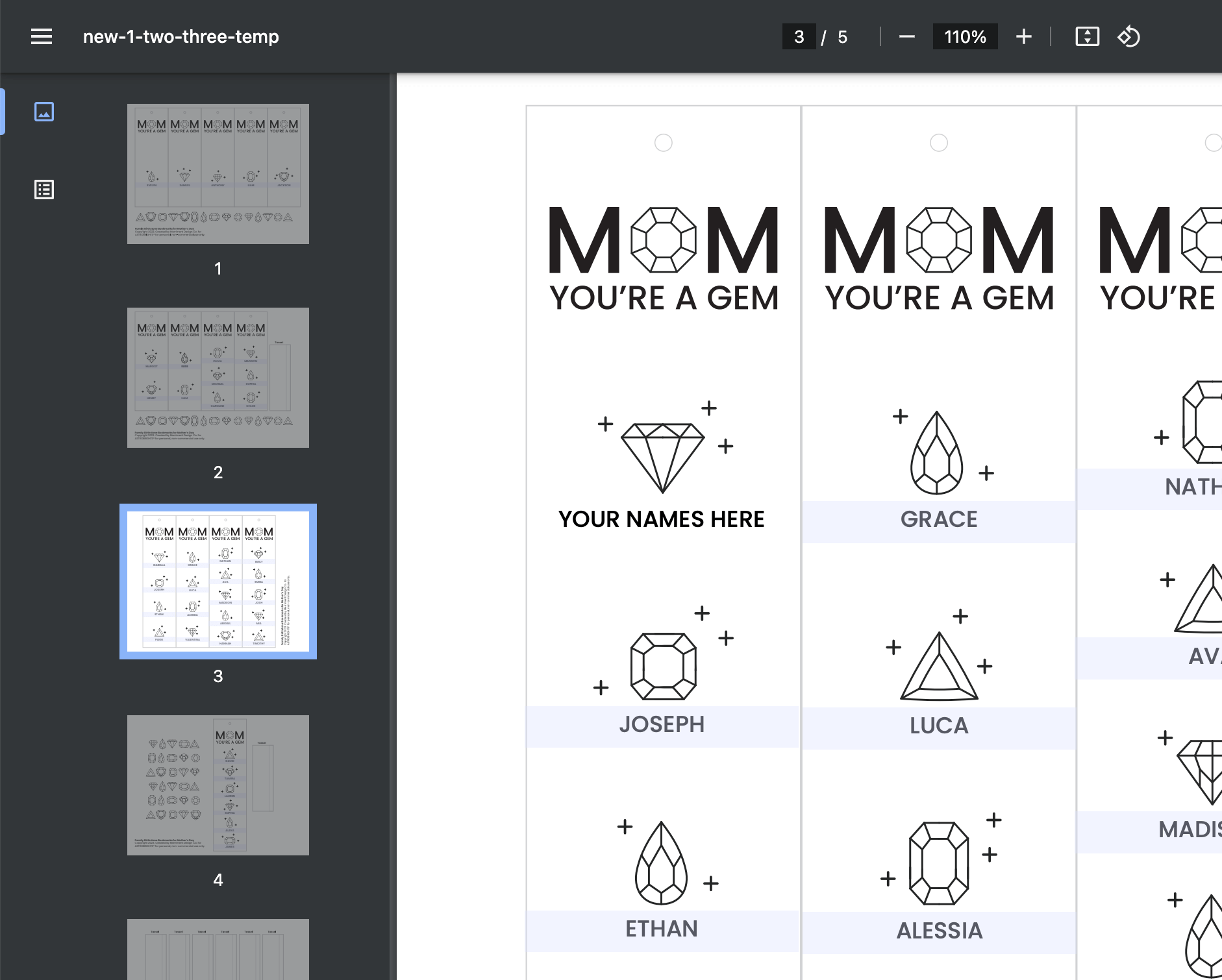 Printable bookmark template to download and personalize for Mom