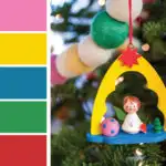 Christmas color palette with a little bit of pink! It's inspired by wooden German Christmas ornaments. Try this pink, yellow, blue, green and red color palette on your Christmas decorations, wreaths, Christmas cards, gift wrapping and more #Colorize #ABColorPalette #spon #colorpalette #colors