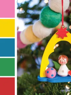 Christmas color palette with a little bit of pink! It's inspired by wooden German Christmas ornaments. Try this pink, yellow, blue, green and red color palette on your Christmas decorations, wreaths, Christmas cards, gift wrapping and more #Colorize #ABColorPalette #spon #colorpalette #colors
