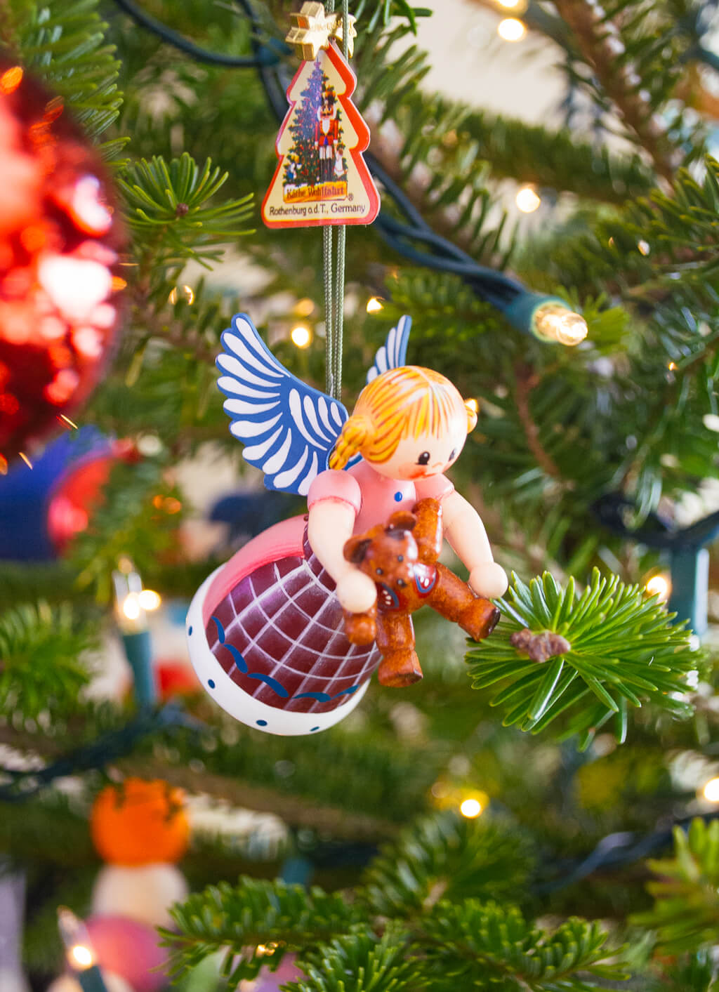 Wooden angel and teddy bear German Christmas ornament #christmas #christmasornament #german