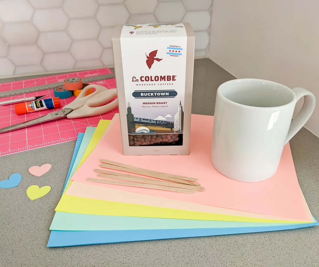 Craft supplies for a DIY coffee gift for Valentine's Day